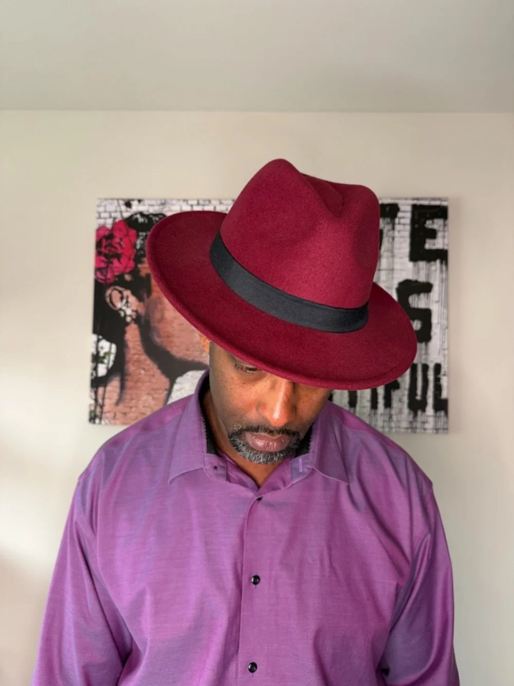 Burgundy Fedora Hat with Black Band Unisex - Picture 3 of 9